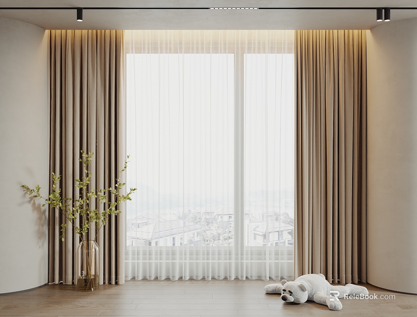Beige Curtains With White Sheer Panels And Large Window City View Interior Space 3d model 