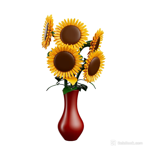 Beautiful Potted Plant with Sunflowers in Red Vase for Home Decoration 3d model 