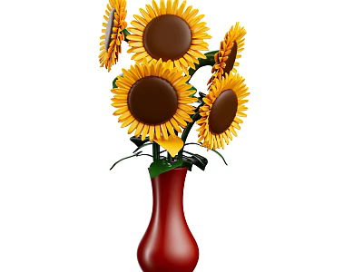 Beautiful Potted Plant with Sunflowers in Red Vase for Home Decoration 3d model