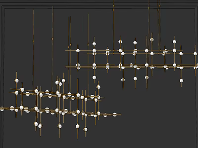 Modern Geometric Chandelier Design Featuring Gold Metal Rods and White Sphere Lights 3d model