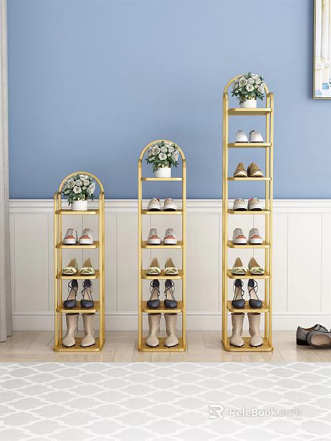 Elegant Golden Multi tiered Shoe Rack With Shoes And Potted Plant On Blue Wall 3d model 