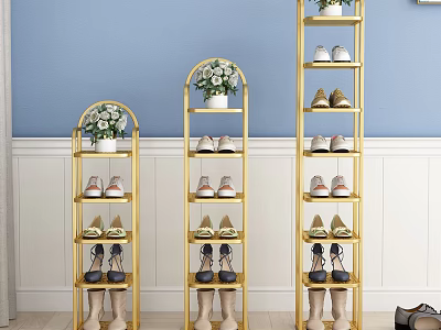 Elegant Golden Multi tiered Shoe Rack With Shoes And Potted Plant On Blue Wall 3d model