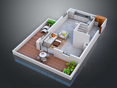 Modern Hotel Room Interior With Open Layout Balcony Sofa Coffee Table Stairs And Plants 3d model