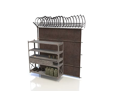 Rusty Industrial Landscape Featuring High Wall Barbed Wire Metal Shelf Bottles Boxes 3d model