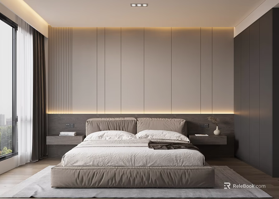 Modern Bedroom Interior With Bed Headboard Wall Lighting Nightstands Window Curtains And Neutral Tones 3d model 