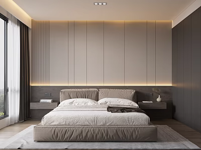 Modern Bedroom Interior With Bed Headboard Wall Lighting Nightstands Window Curtains And Neutral Tones 3d model