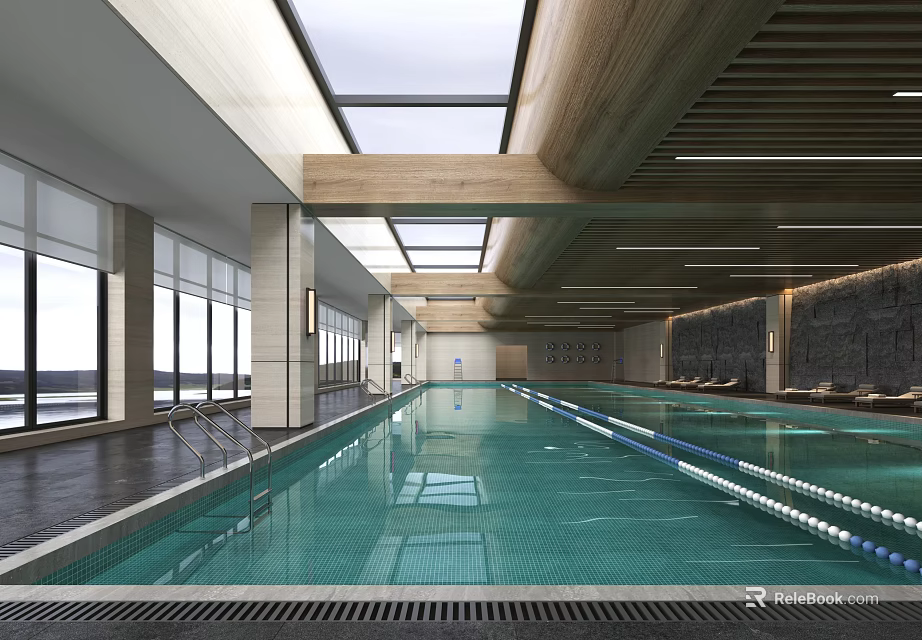 Modern Indoor Swimming Pool with Skylights Wooden Ceiling Large Windows and Lounge Chairs 3d model 