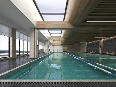Modern Indoor Swimming Pool with Skylights Wooden Ceiling Large Windows and Lounge Chairs 3d model