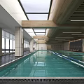 Modern Indoor Swimming Pool with Skylights Wooden Ceiling Large Windows and Lounge Chairs