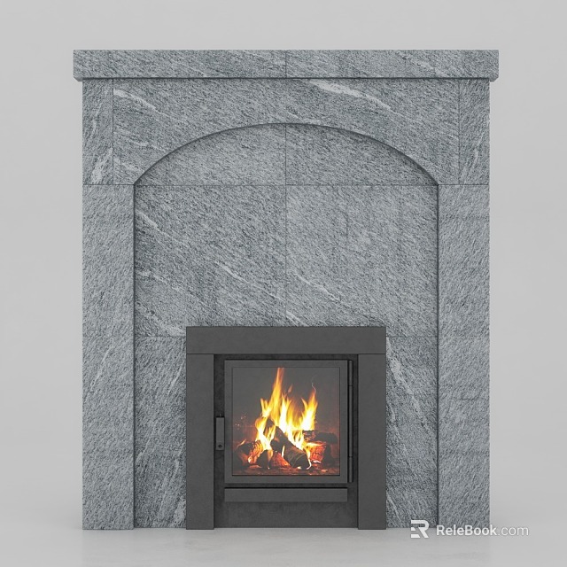 Gray Stone Fireplace with Arched Design and Black Door Featuring Burning Flames 3d model 