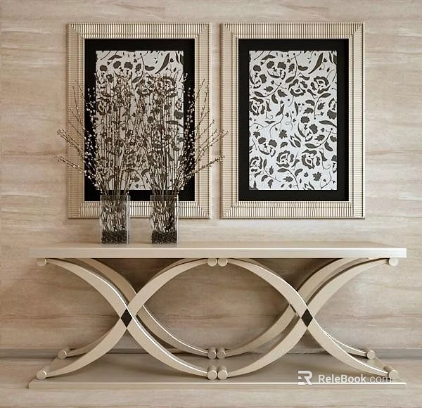 Elegant Console Table With Decorative Paintings Vases And Twigs On Wooden Wall 3d model 