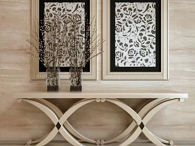 Elegant Console Table With Decorative Paintings Vases And Twigs On Wooden Wall 3d model