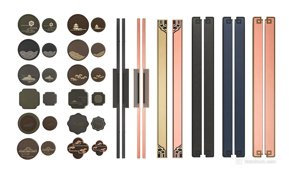Cabinet Handles with Various Round Bar Shaped and Decorative Designs in Metal Black Gold Pink 3d model 