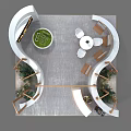 Modern Exhibition Booth Featuring Curved Structure Wooden Frames Green Plant Decorations And Reception Counter