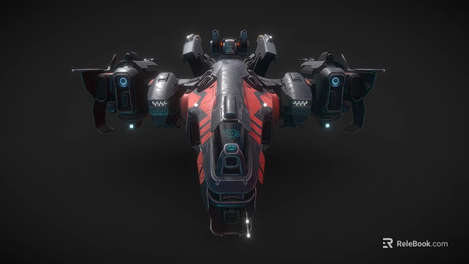 Futuristic Black And Red Aircraft With Multiple Engines And Blue Lights 3d model 