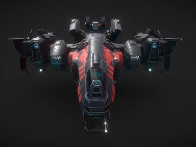 Futuristic Black And Red Aircraft With Multiple Engines And Blue Lights 3d model
