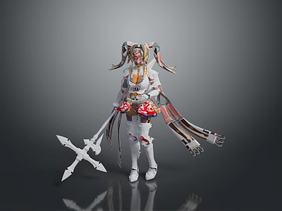 Game and Movie Character White Outfit with Red Accents Twin Ponytails Holding Double Bladed Weapon 3d model