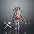 Game and Movie Character White Outfit with Red Accents Twin Ponytails Holding Double Bladed Weapon