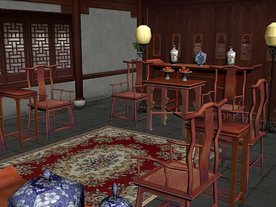 Traditional Chinese Ancient Architecture Interior With Mahogany Tables Chairs Carved Windows Lanterns And Porcelain Vases 3d model