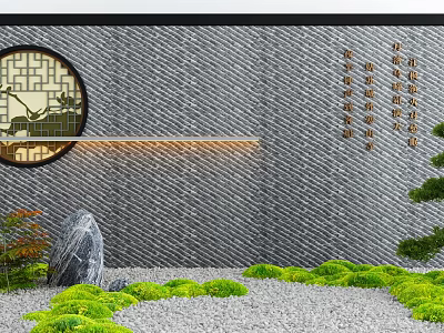 Chinese Style Grey Textured Garden Wall With Circular Window Green Plants And Pebble Path 3d model