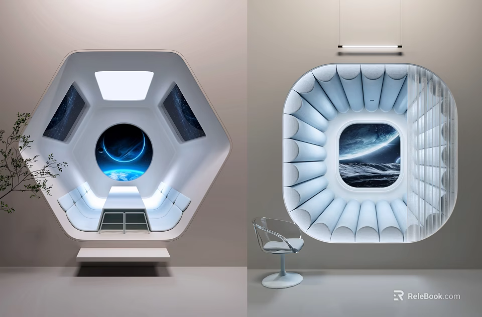 Futuristic Recreational Room With Sci Fi Windows And Modern Chair 3d model 
