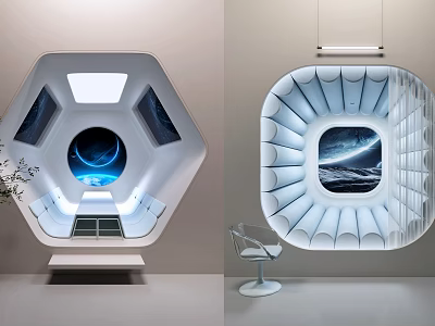 Futuristic Recreational Room With Sci Fi Windows And Modern Chair 3d model