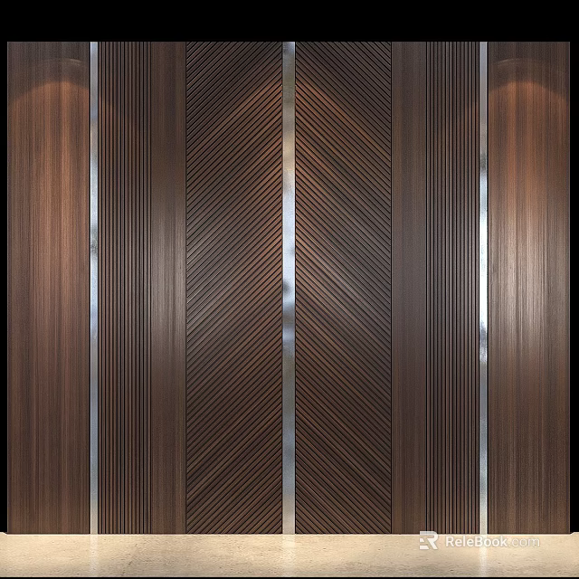 Elegant Contemporary Wooden Wainscoting with Herringbone Pattern and Metal Accents 3d model 