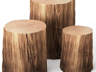 Three Rustic Wooden Stump Stools With Natural Wood Grain And Round Tops 3d model