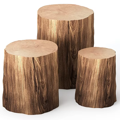 Three Rustic Wooden Stump Stools With Natural Wood Grain And Round Tops 3d model