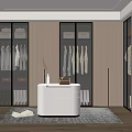 Modern Walk In Closet Interior With Glass Fronted Cabinets Hanging Clothes And Central White Island