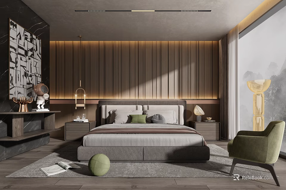 Modern Bedroom Interior Design With Wooden Wall Bed Nightstands Pendant Lamp Rug And Chair 3d model 