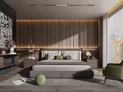 Modern Bedroom Interior Design With Wooden Wall Bed Nightstands Pendant Lamp Rug And Chair 3d model