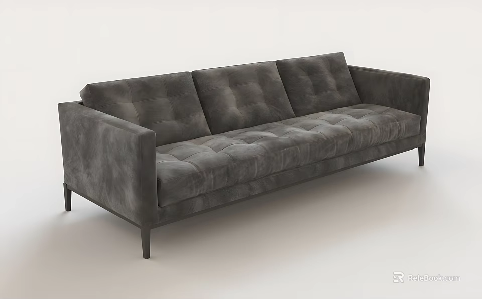 Grey Three Seater Sofa With Tufted Backrest Seat And Black Legs Modern Design 3d model 