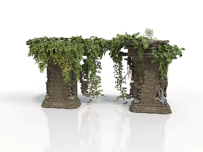Decorative Stone Pillars Covered With Lush Green Vines And Small Plants 3d model