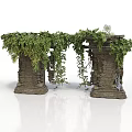 Decorative Stone Pillars Covered With Lush Green Vines And Small Plants
