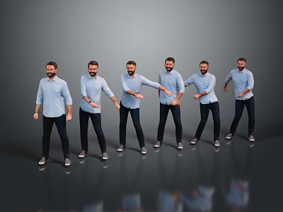 Men In Blue Shirts And Dark Pants Posing With Different Gestures Against Gray Background 3d model