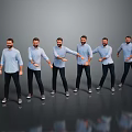 Men In Blue Shirts And Dark Pants Posing With Different Gestures Against Gray Background