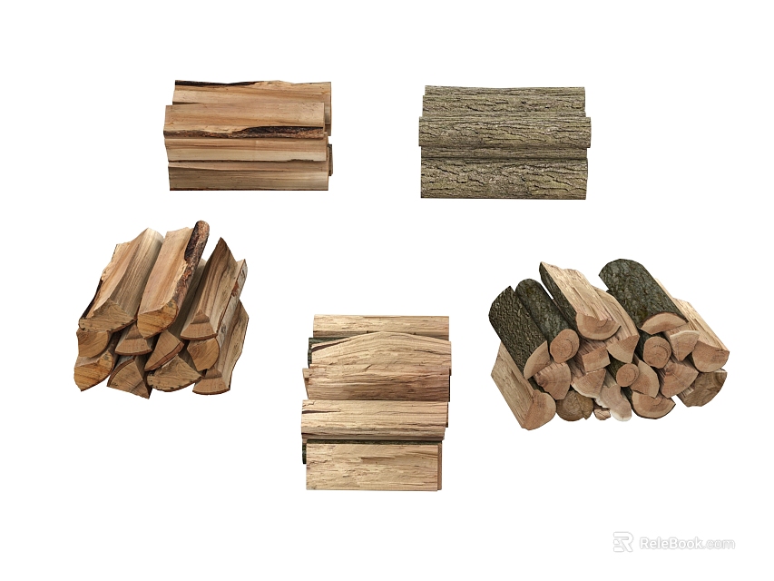 Various Types of Stacked Stone and Wood Pieces with Natural Logs and Textured Blocks 3d model 