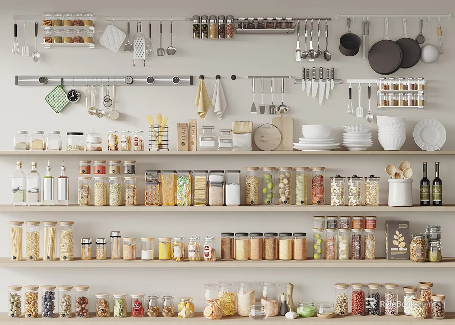 Neatly Arranged Spice Jars On Kitchen Shelves With Clear Containers For Various Spices Storage 3d model 