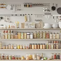 Neatly Arranged Spice Jars On Kitchen Shelves With Clear Containers For Various Spices Storage