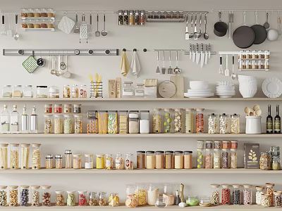 Neatly Arranged Spice Jars On Kitchen Shelves With Clear Containers For Various Spices Storage 3d model