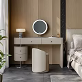 Modern Bedroom Vanity Table With Round Mirror Table Lamp And Stool 3d model