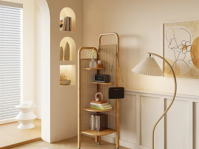 Modern Living Room Golden Frame Layered Shelving Unit With Books Decorations On Beige Wall 3d model