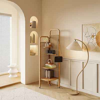Modern Living Room Golden Frame Layered Shelving Unit With Books Decorations On Beige Wall 3d model