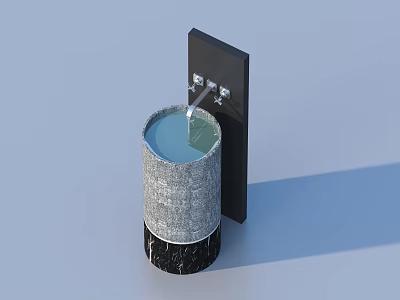 Cylindrical Stone Washbasin With Black Wall Mounted Faucet And Flowing Water 3d model