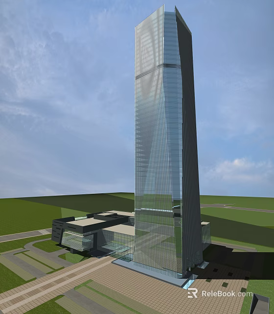 Modern Office Building With Glass Facade And Green Area Adjacent Structures 3d model