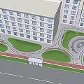 Urban Road Facilities Featuring Buildings Green Belts and Roundabout Structures 3d model