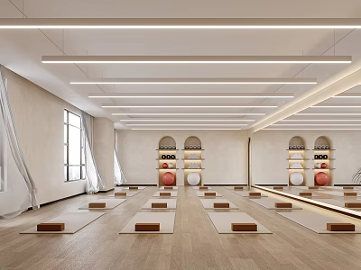 Spacious Yoga Studio With Neatly Arranged Yoga Mats Wooden Floors White Walls and Strip Lights 3d model