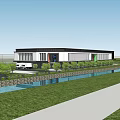 Modern Commercial Street With Waterfront View Pedestrians Willow Trees And Shops