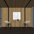 Modern Restaurant Interior With Wooden Ceiling Walls Black Line Decor Dining Table White Chairs Painting